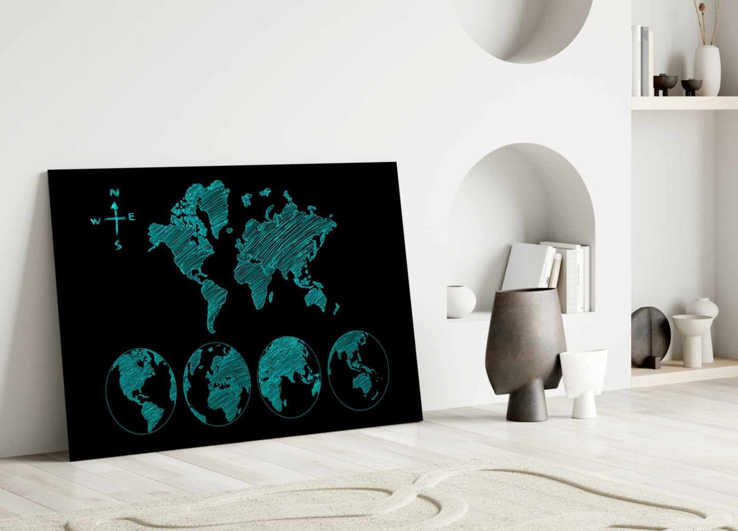Turquoise Sketch World Map and Globes Glass Wall Art