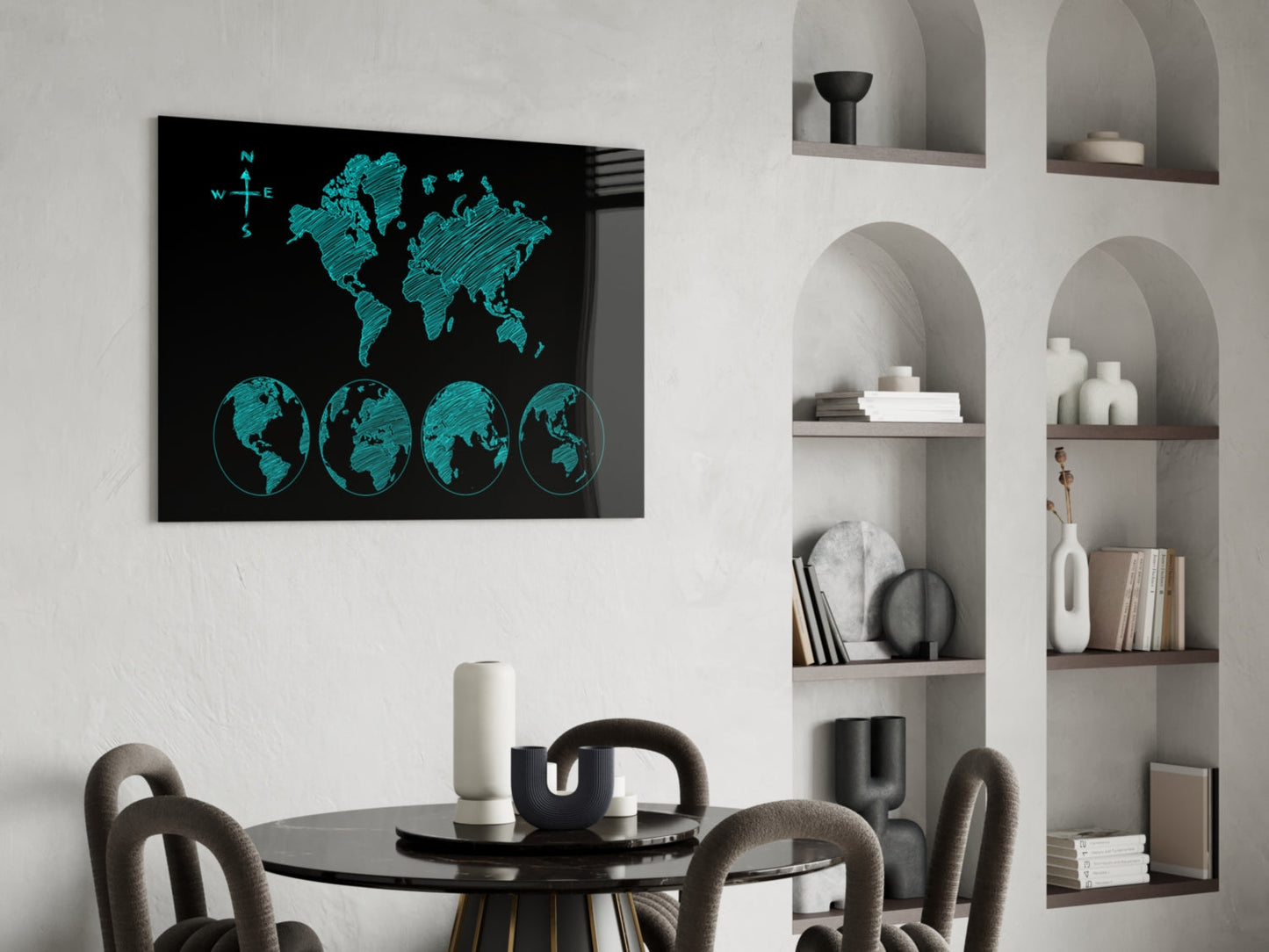 Turquoise Sketch World Map and Globes Glass Wall Art