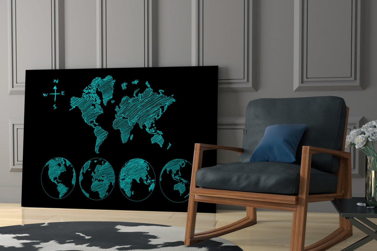 Turquoise Sketch World Map and Globes Glass Wall Art