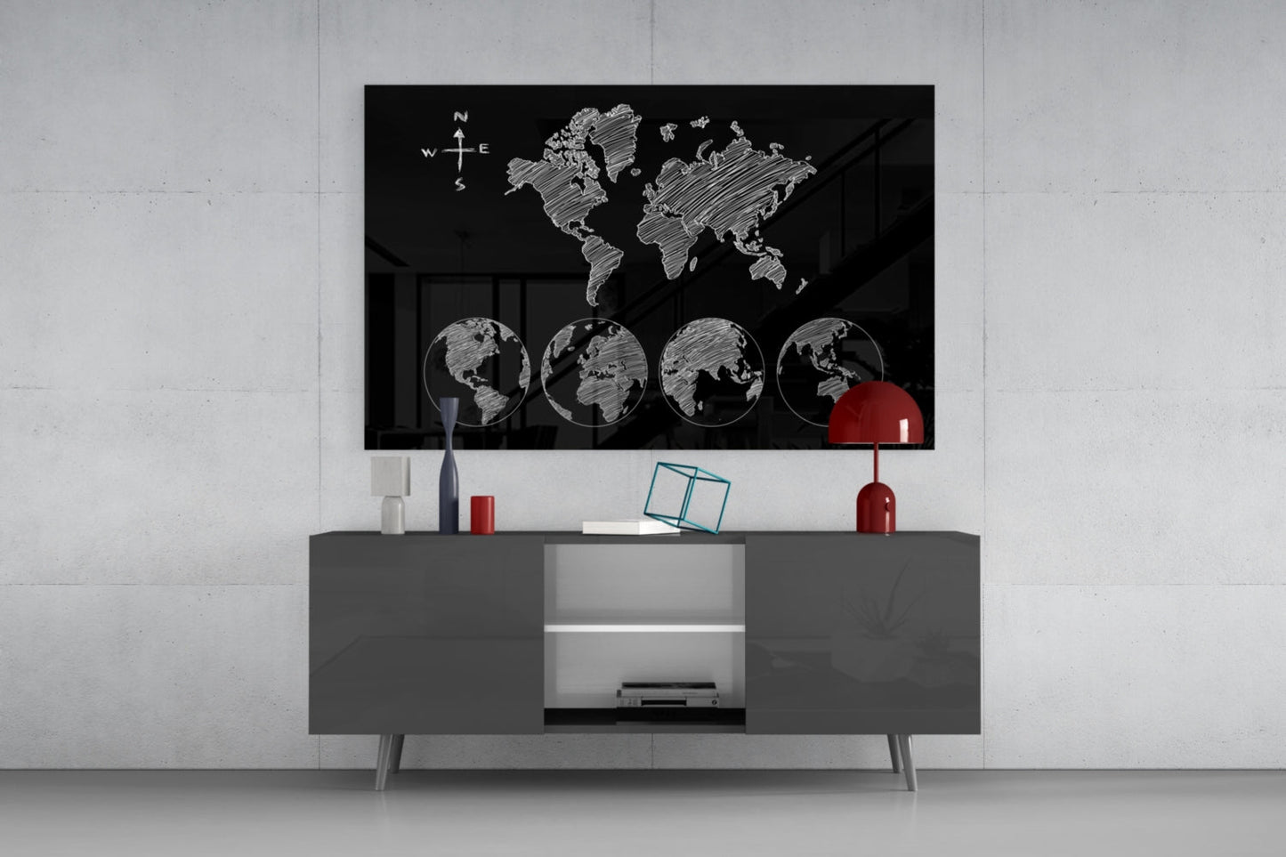 White Sketch World Map and Globes Glass Wall Art