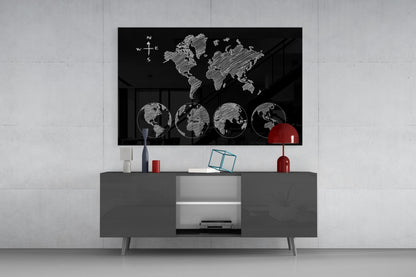 White Sketch World Map and Globes Glass Wall Art