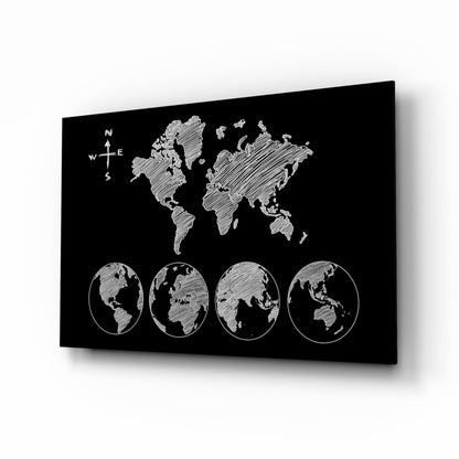 White Sketch World Map and Globes Glass Wall Art