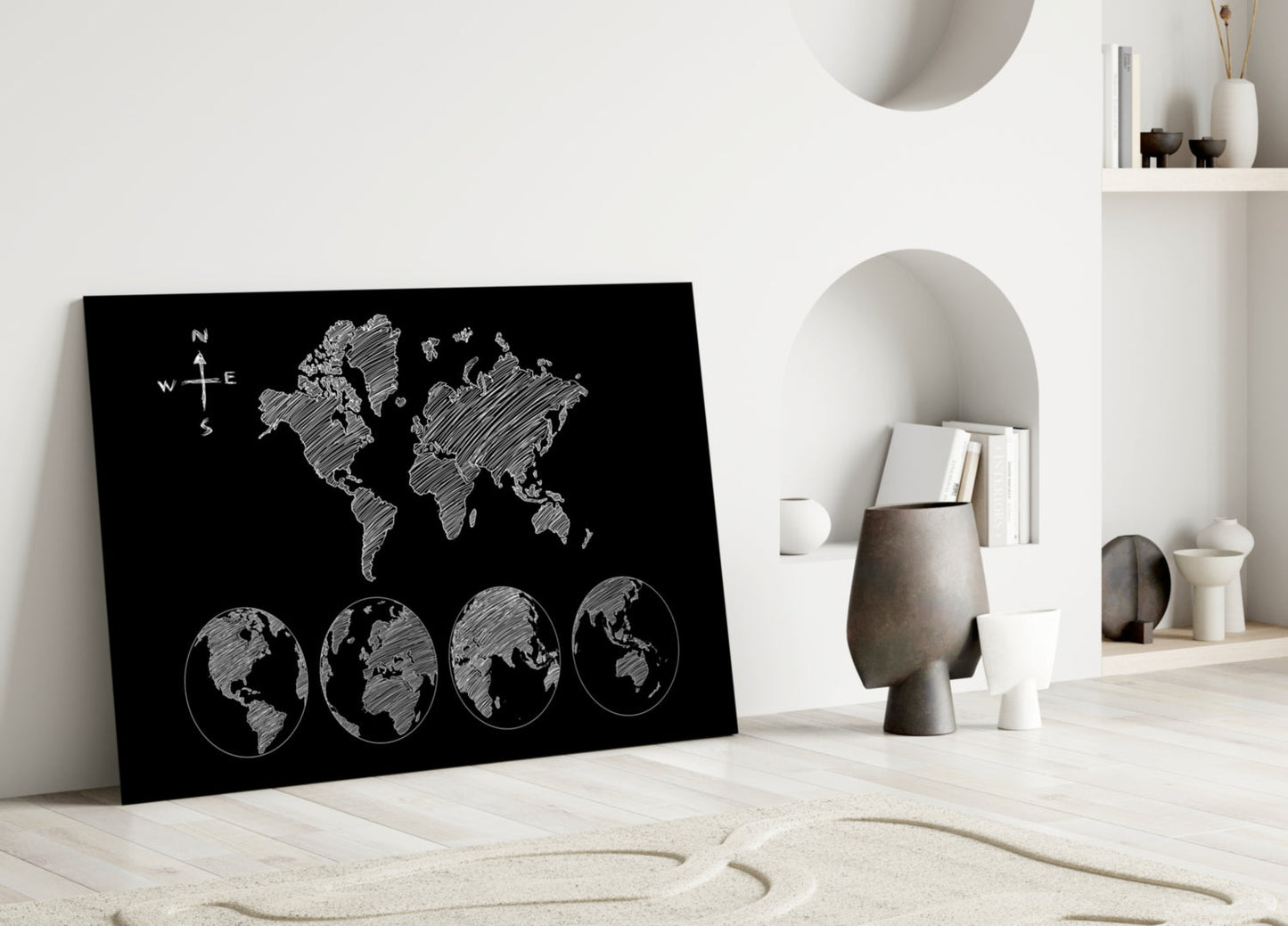 White Sketch World Map and Globes Glass Wall Art