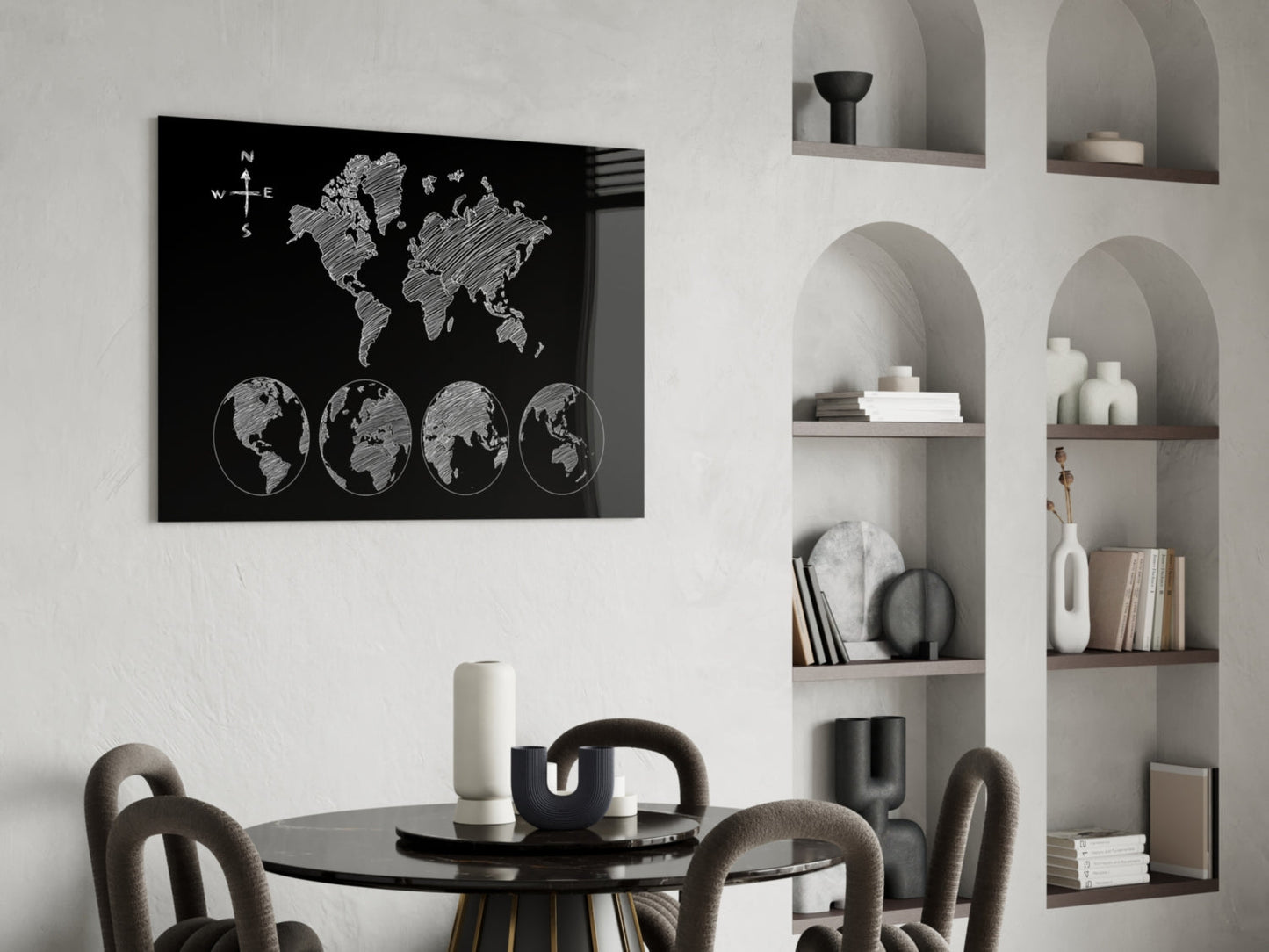 White Sketch World Map and Globes Glass Wall Art