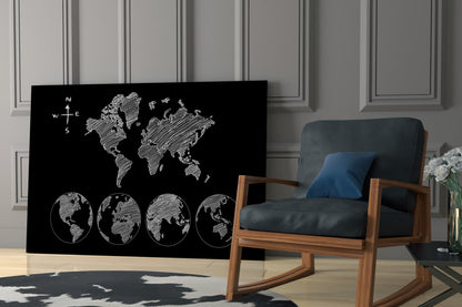 White Sketch World Map and Globes Glass Wall Art