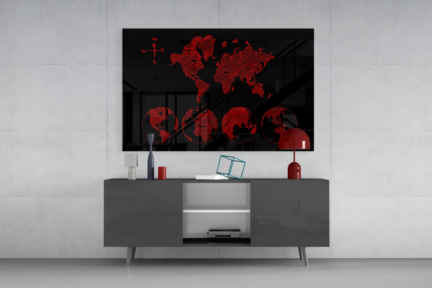 Red Sketch World Map and Globes Glass Wall Art