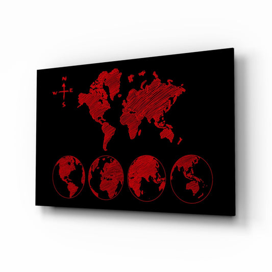 Black glass panel displaying red sketched world map at top with compass rose, and four red globe illustrations below on angled perspective view.