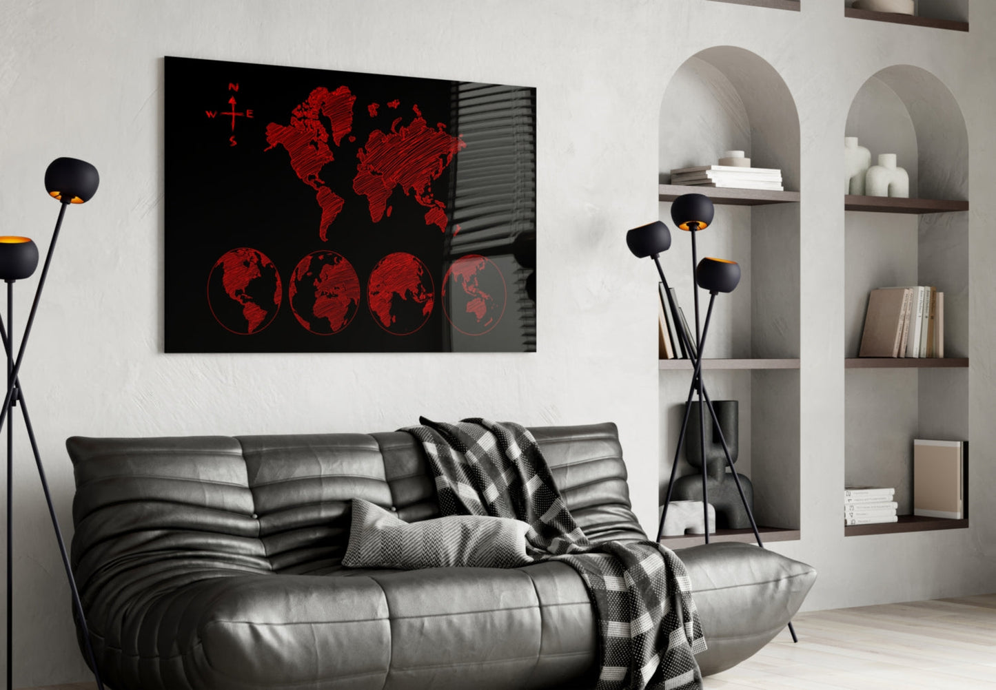 Red Sketch World Map and Globes Glass Wall Art