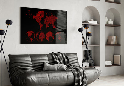 Red Sketch World Map and Globes Glass Wall Art