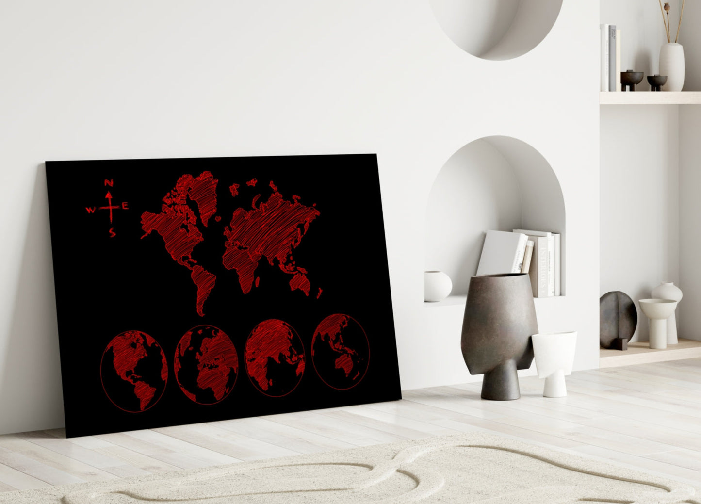 Red Sketch World Map and Globes Glass Wall Art