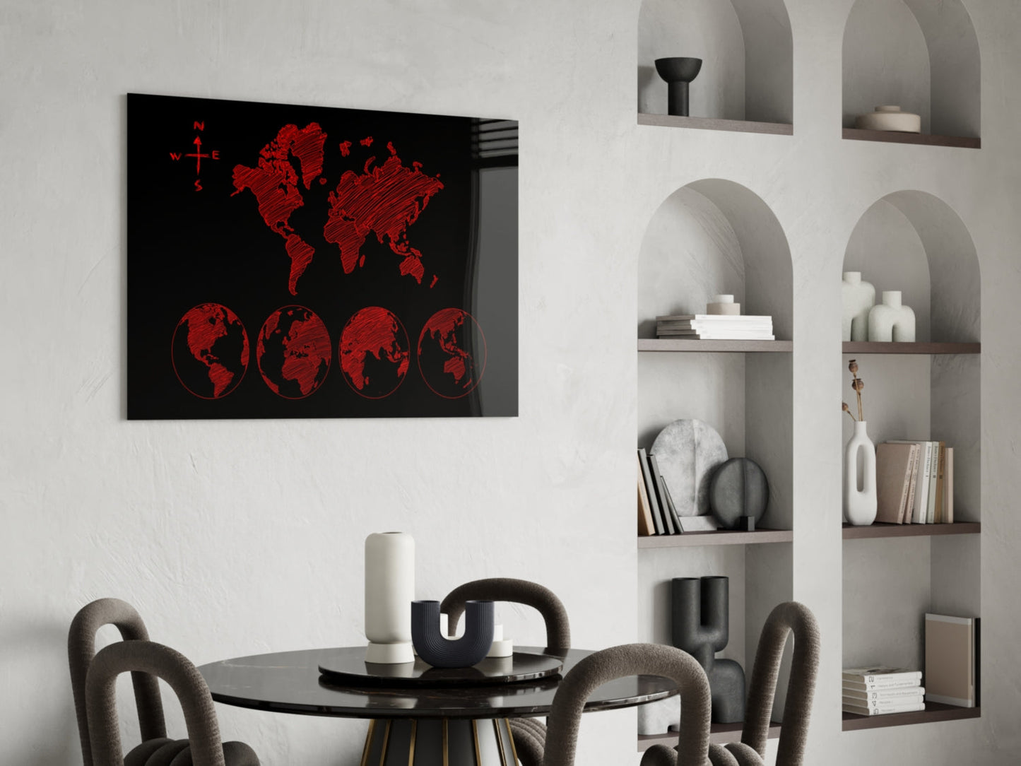 Red Sketch World Map and Globes Glass Wall Art