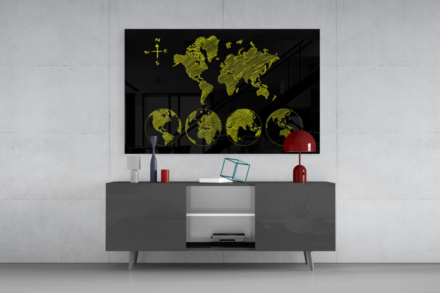Yellow Sketch World Map and Globes Glass Wall Art