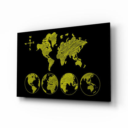 Yellow Sketch World Map and Globes Glass Wall Art
