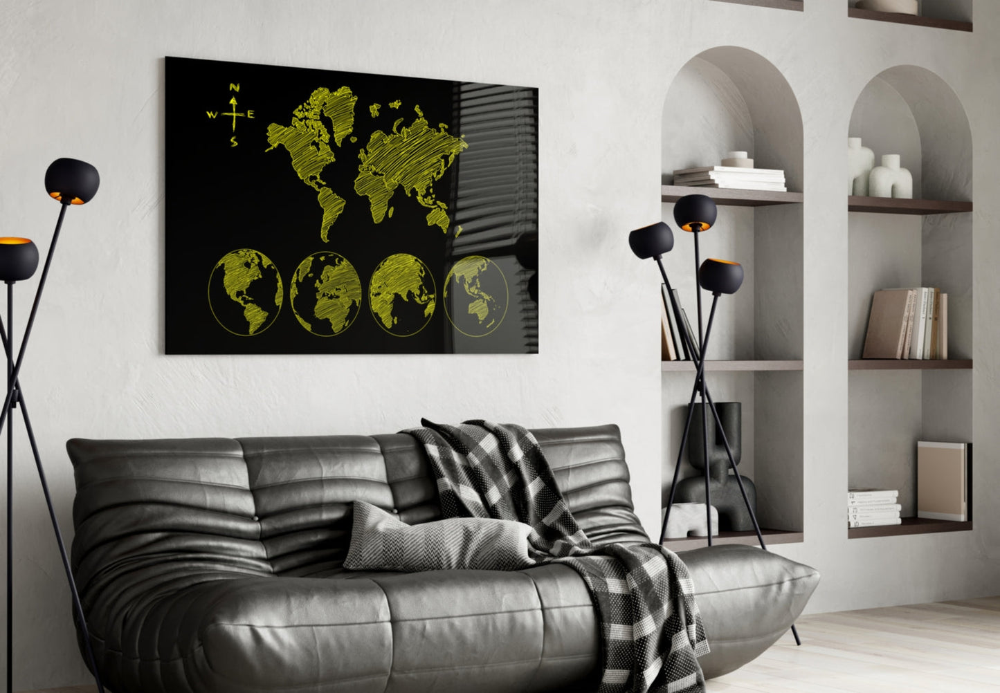 Yellow Sketch World Map and Globes Glass Wall Art