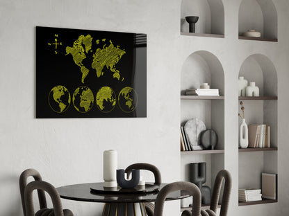 Yellow Sketch World Map and Globes Glass Wall Art