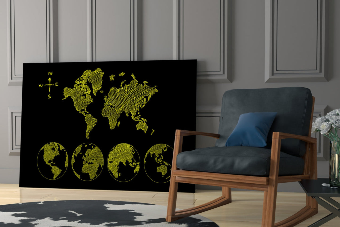 Yellow Sketch World Map and Globes Glass Wall Art