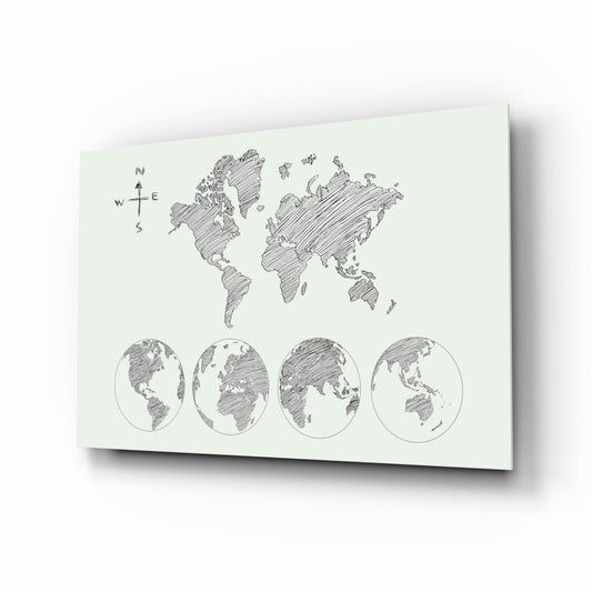 Gray Sketch World Map on Light Ground Glass Wall Art