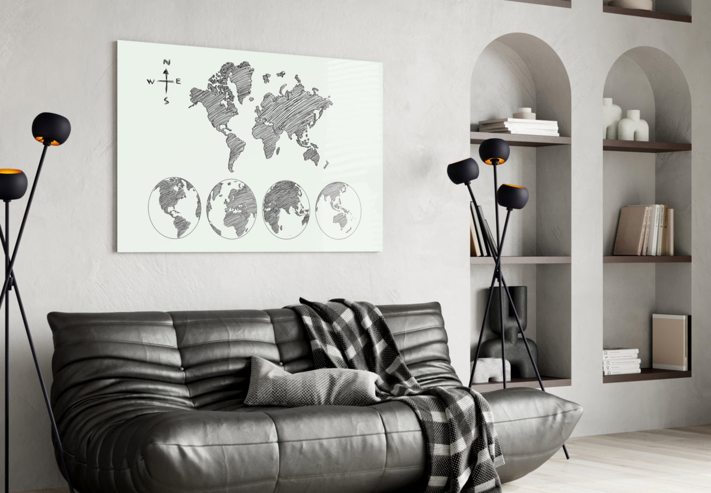 Gray Sketch World Map on Light Ground Glass Wall Art