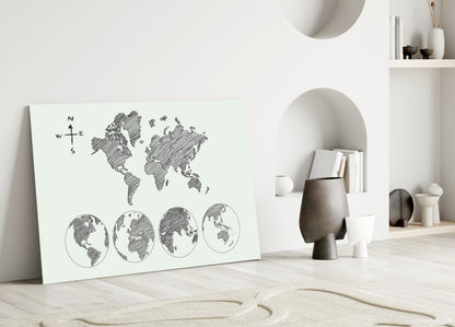 Gray Sketch World Map on Light Ground Glass Wall Art