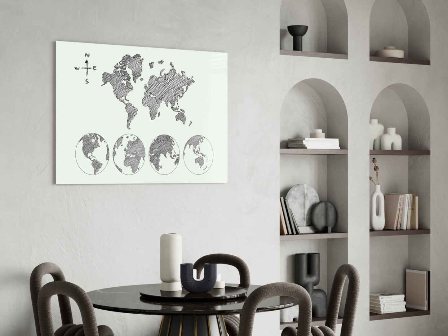 Gray Sketch World Map on Light Ground Glass Wall Art