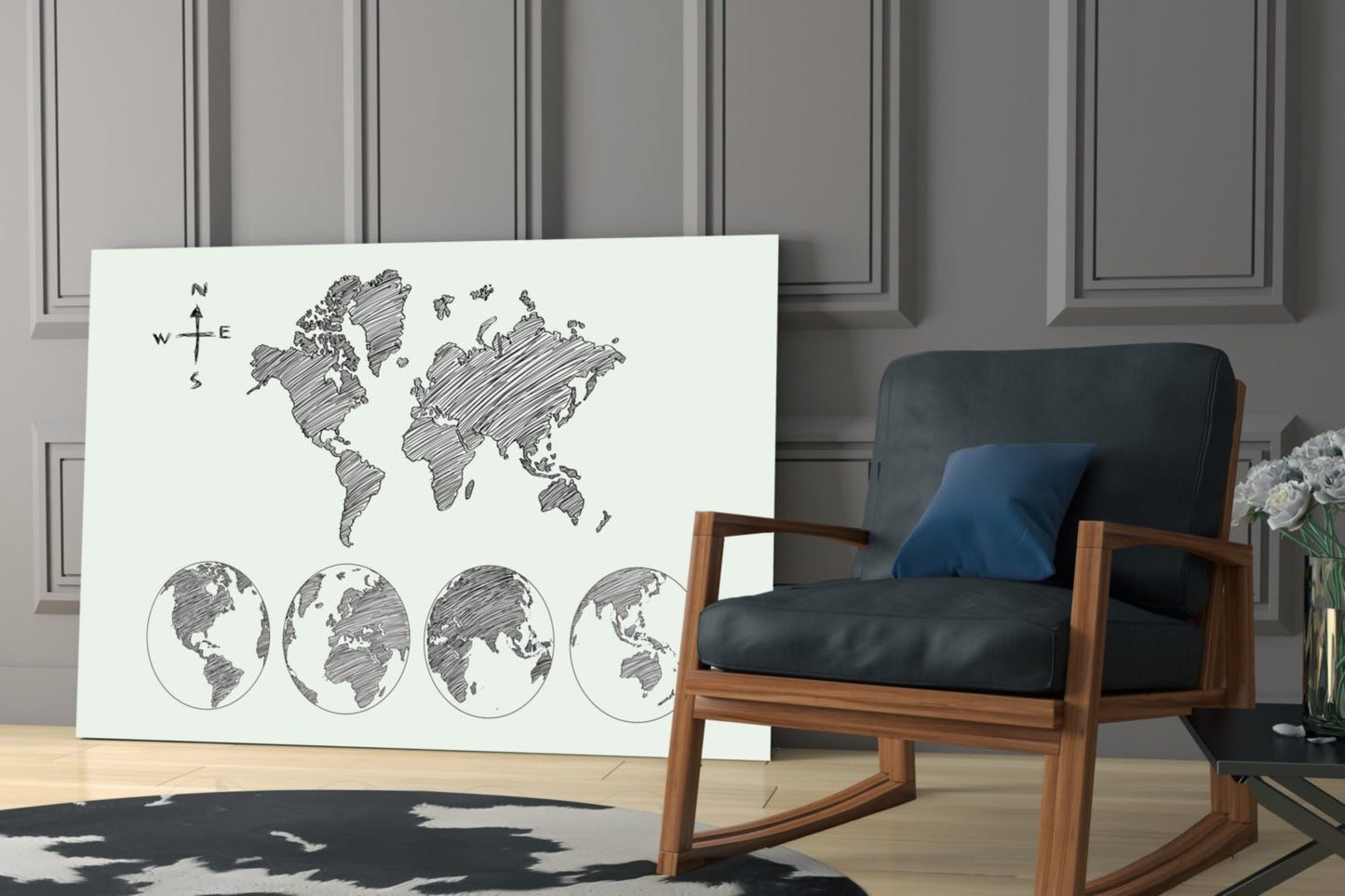 Gray Sketch World Map on Light Ground Glass Wall Art