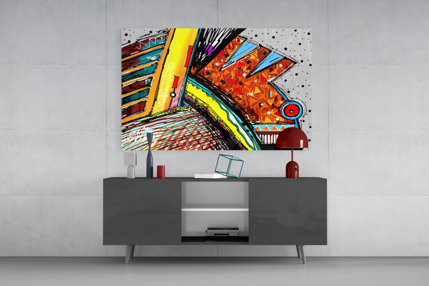Colorful abstract chameleon glass wall art displaying vibrant geometric patterns in yellow, orange, red, and blue, mounted above a dark gray media console.