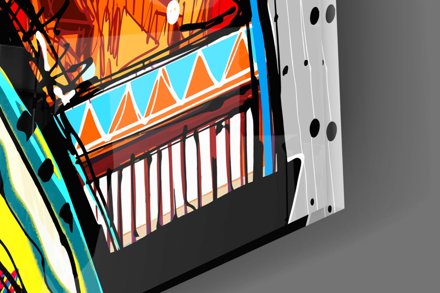 Tilted three-dimensional view of colorful glass art panel featuring orange triangles, blue background, red vertical stripes, and black outlines against gray surface.