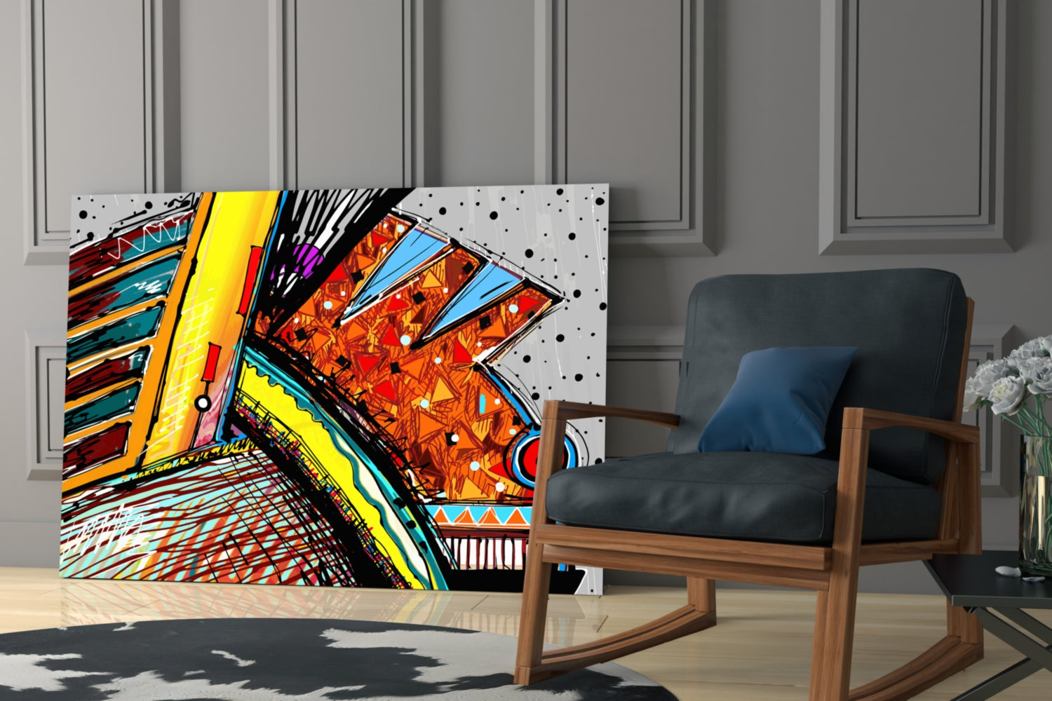 Colorful abstract glass wall art displaying geometric patterns in yellow, orange, red, and blue displayed in a modern interior with wooden chair and paneled walls.