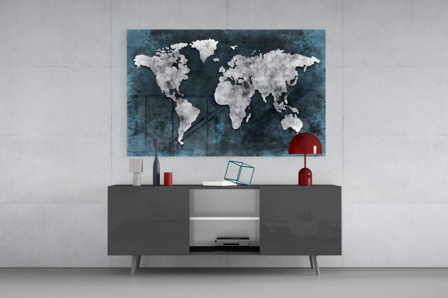 Silver Map Teal Grunge World Map Glass Wall Art