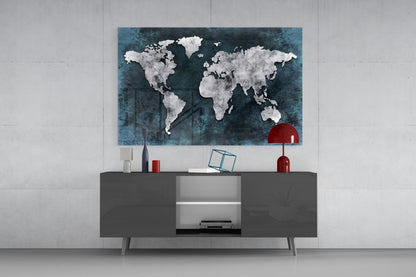 Silver Map Teal Grunge World Map Glass Wall Art