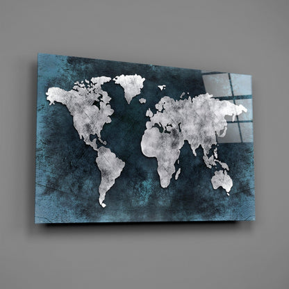 Silver Map Teal Grunge World Map Glass Wall Art