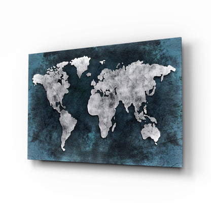 Silver Map Teal Grunge World Map Glass Wall Art