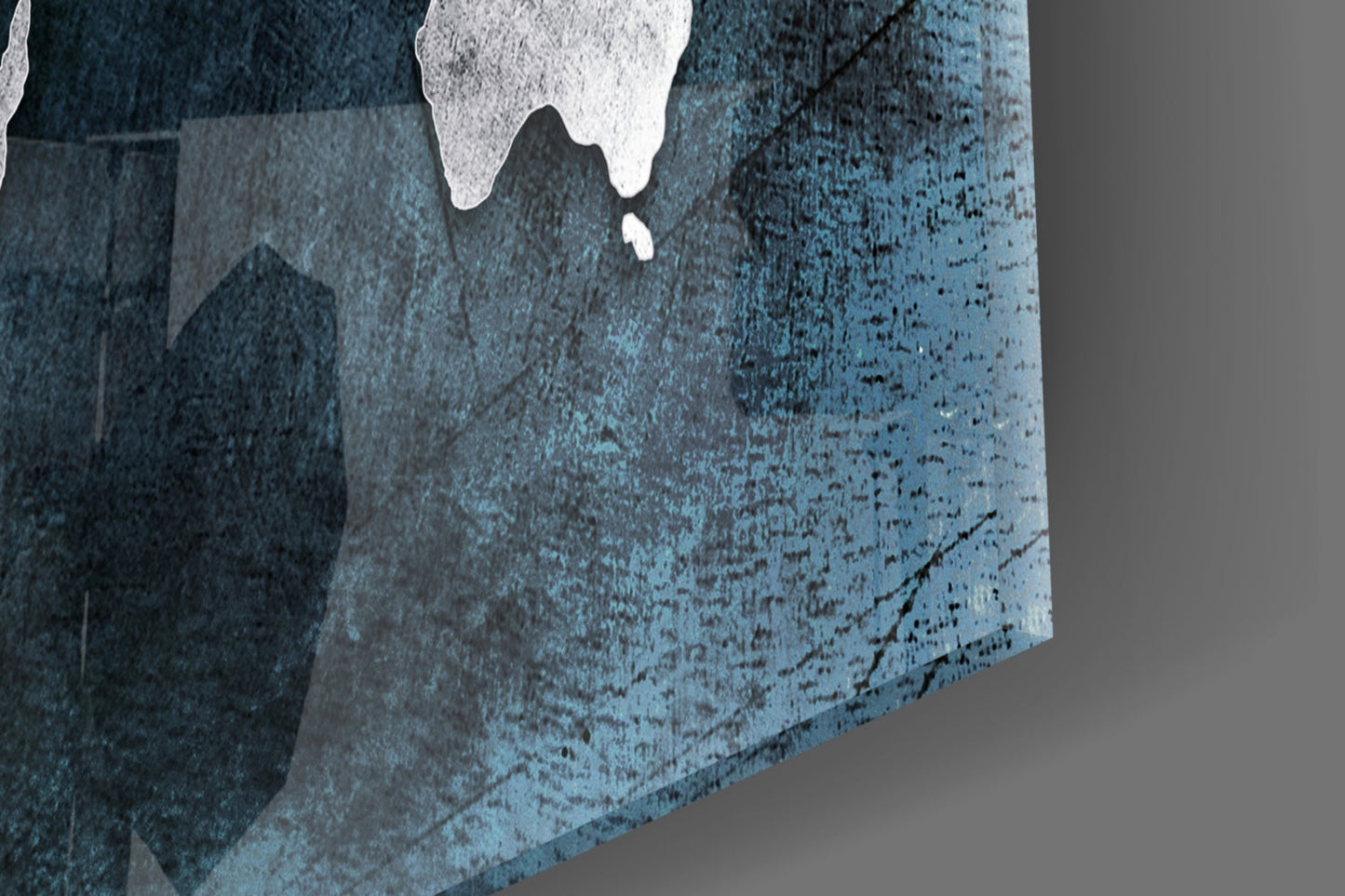 Silver Map Teal Grunge World Map Glass Wall Art