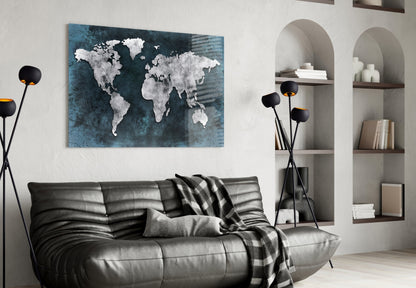 Silver Map Teal Grunge World Map Glass Wall Art