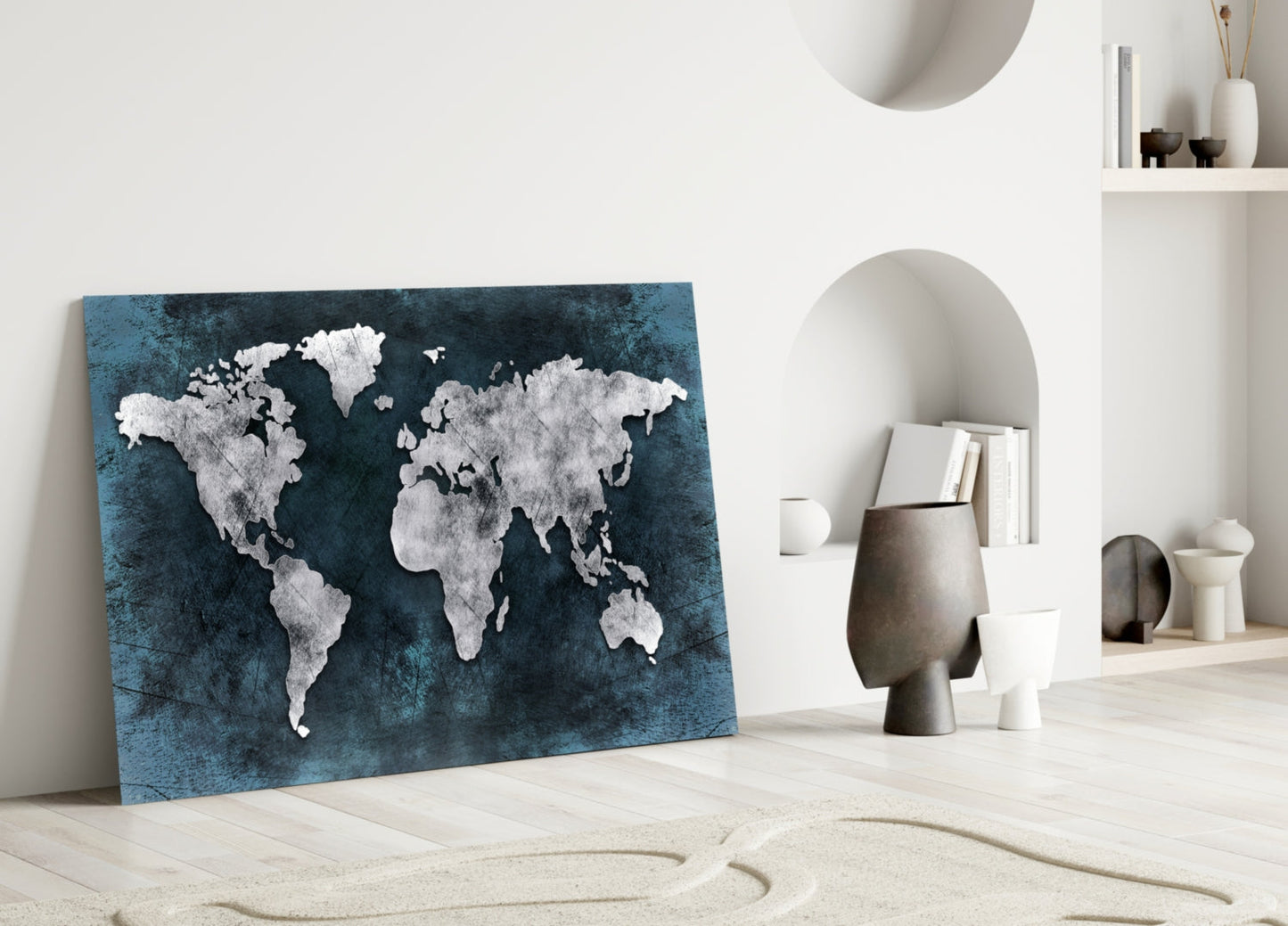 Silver Map Teal Grunge World Map Glass Wall Art