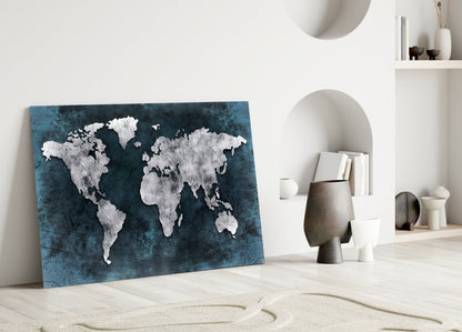 Silver Map Teal Grunge World Map Glass Wall Art