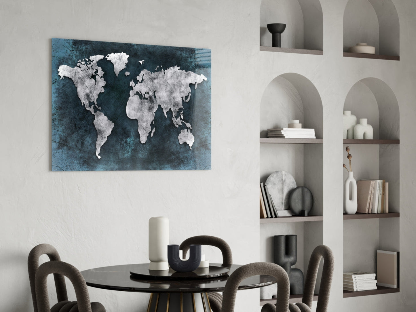 Silver Map Teal Grunge World Map Glass Wall Art