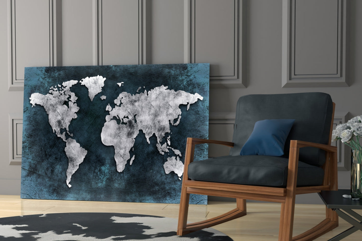 Silver Map Teal Grunge World Map Glass Wall Art