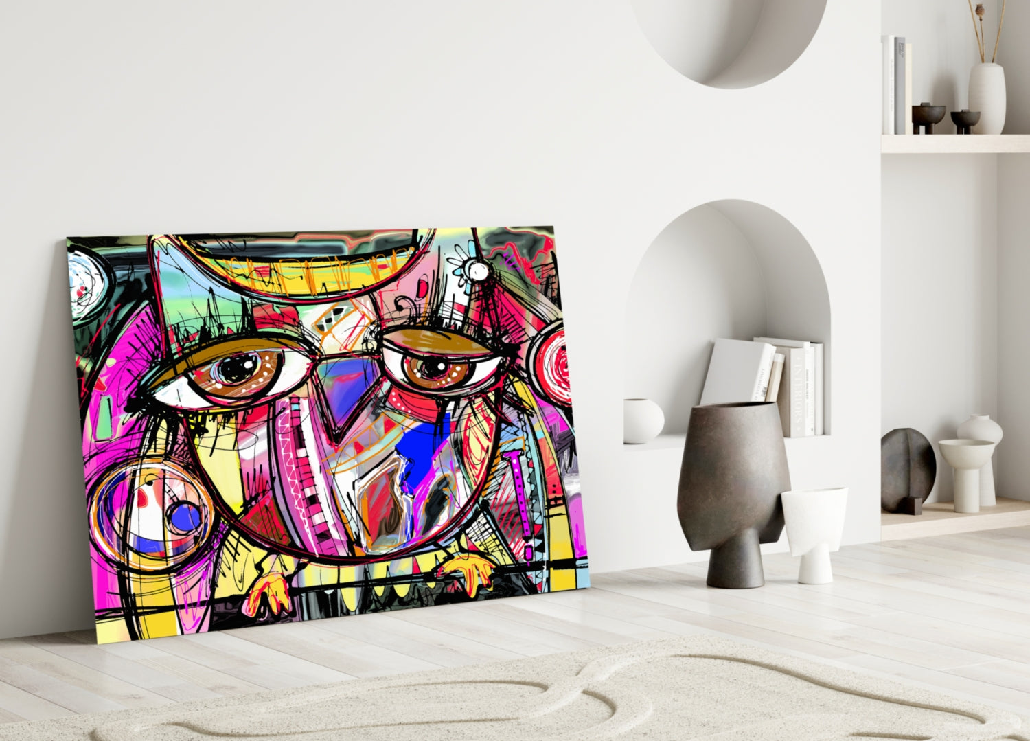 Vibrant abstract owl glass art leaning against white wall in minimalist room with decorative objects.