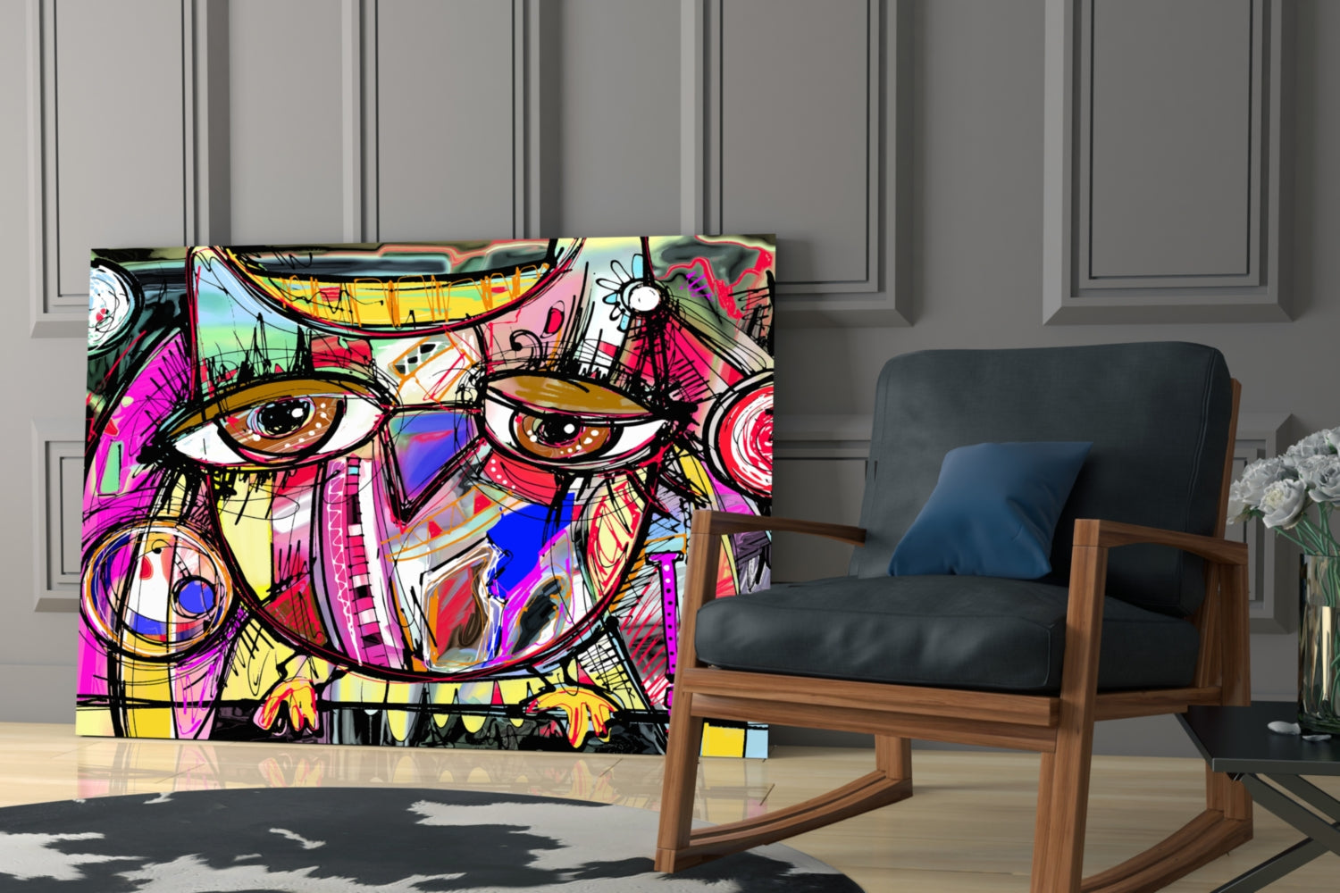 Colorful abstract owl glass wall art displayed in modern living room with wooden chair and neutral paneled walls.