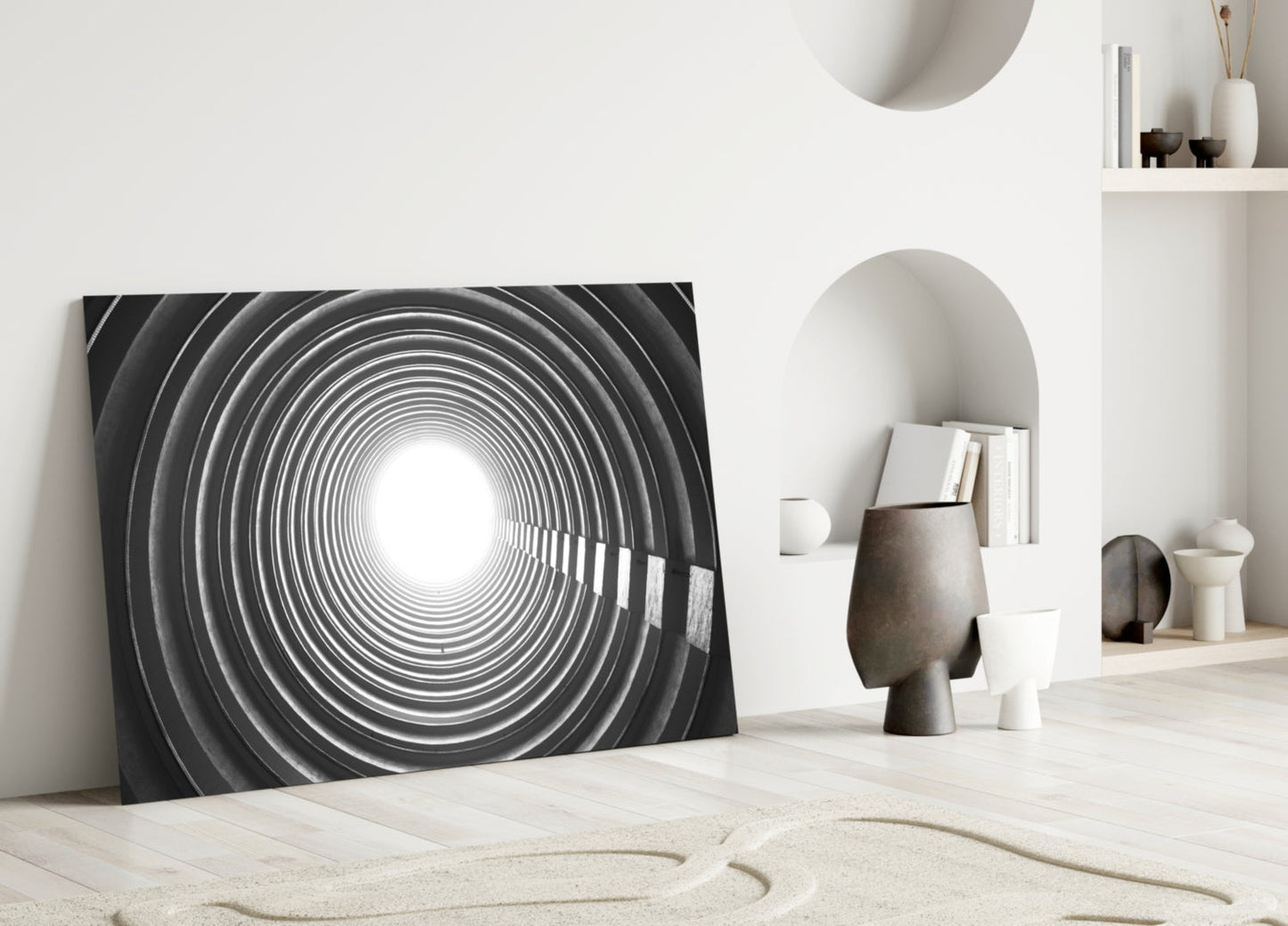 Concentric Ring Tunnel Toward Light Glass Wall Art