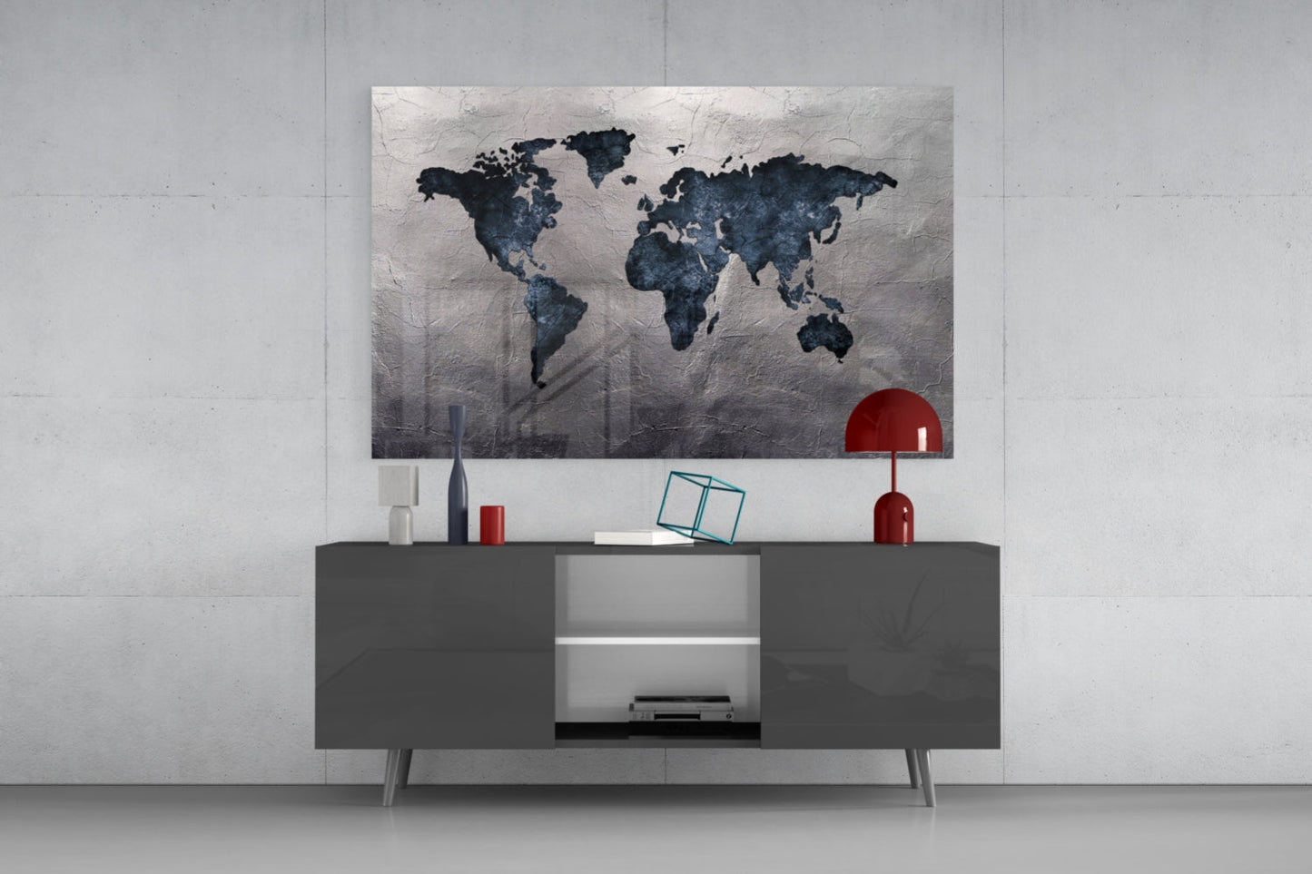 Navy Continents Silver Foil World Map Glass Wall Art
