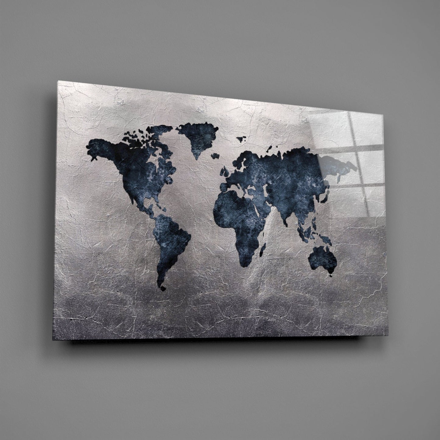 Navy Continents Silver Foil World Map Glass Wall Art
