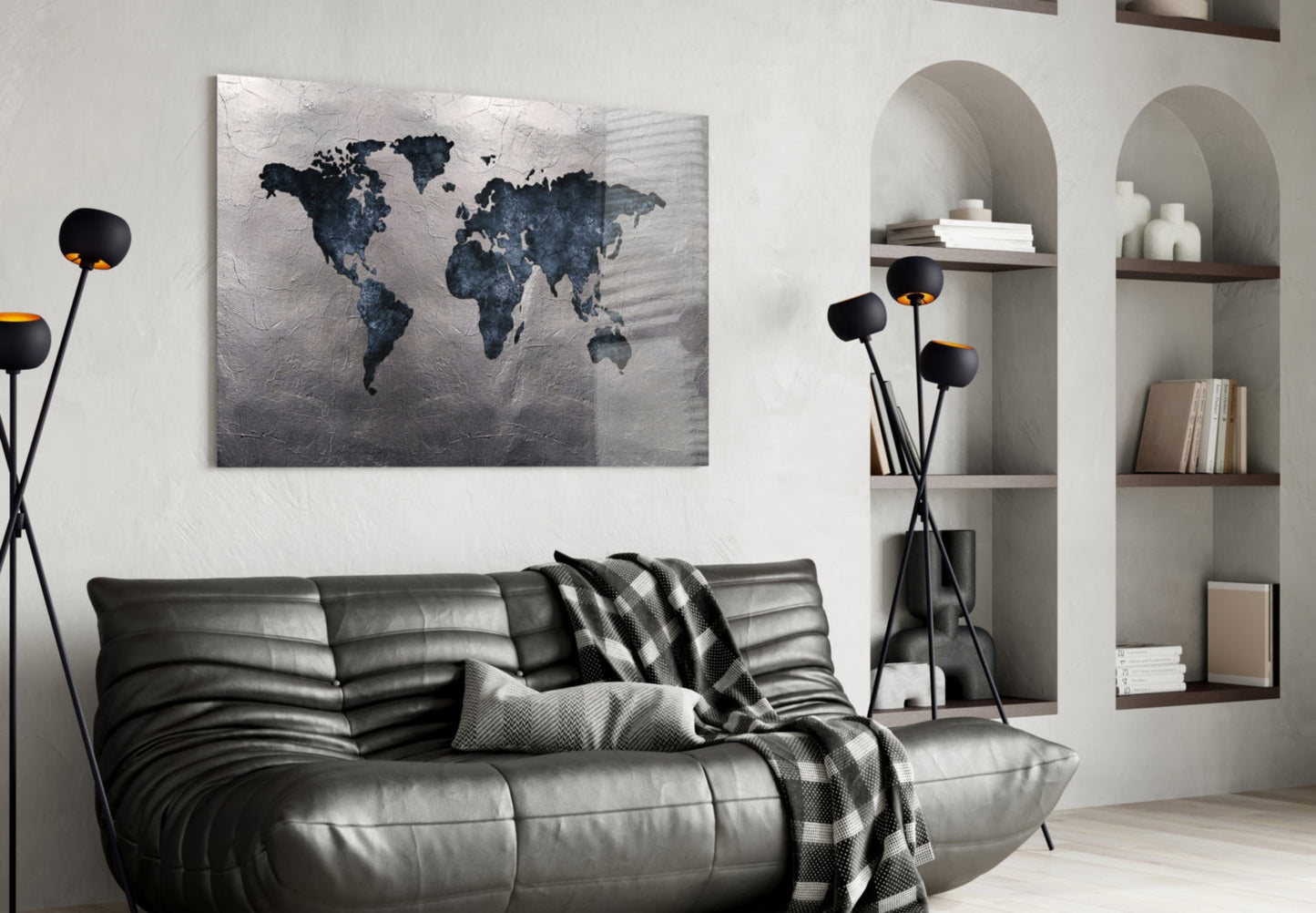 Navy Continents Silver Foil World Map Glass Wall Art
