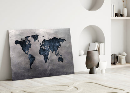 Navy Continents Silver Foil World Map Glass Wall Art
