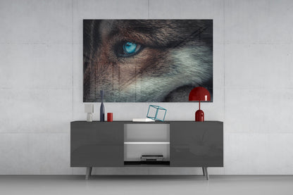 Ice Blue Wolf Eye Closeup Glass Wall Art