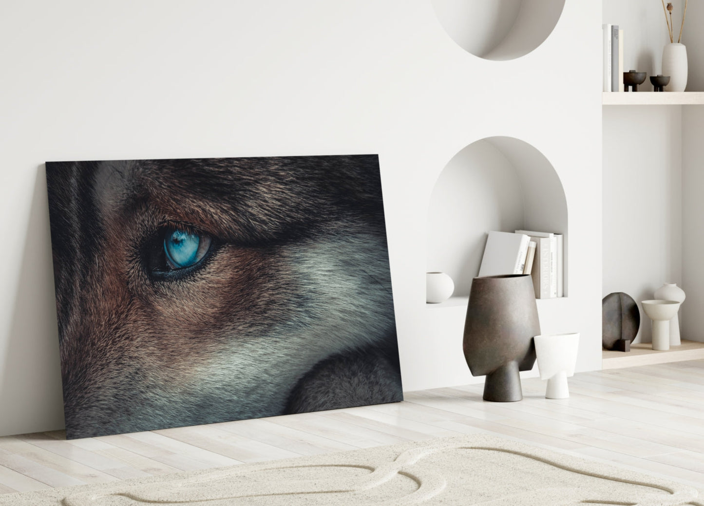 Ice Blue Wolf Eye Closeup Glass Wall Art