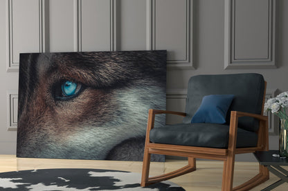 Ice Blue Wolf Eye Closeup Glass Wall Art