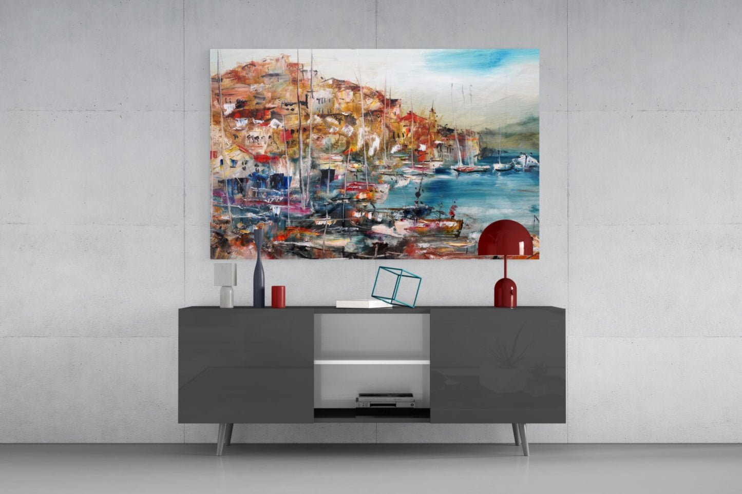 Colorful Harbor Town With Sailboats Glass Wall Art