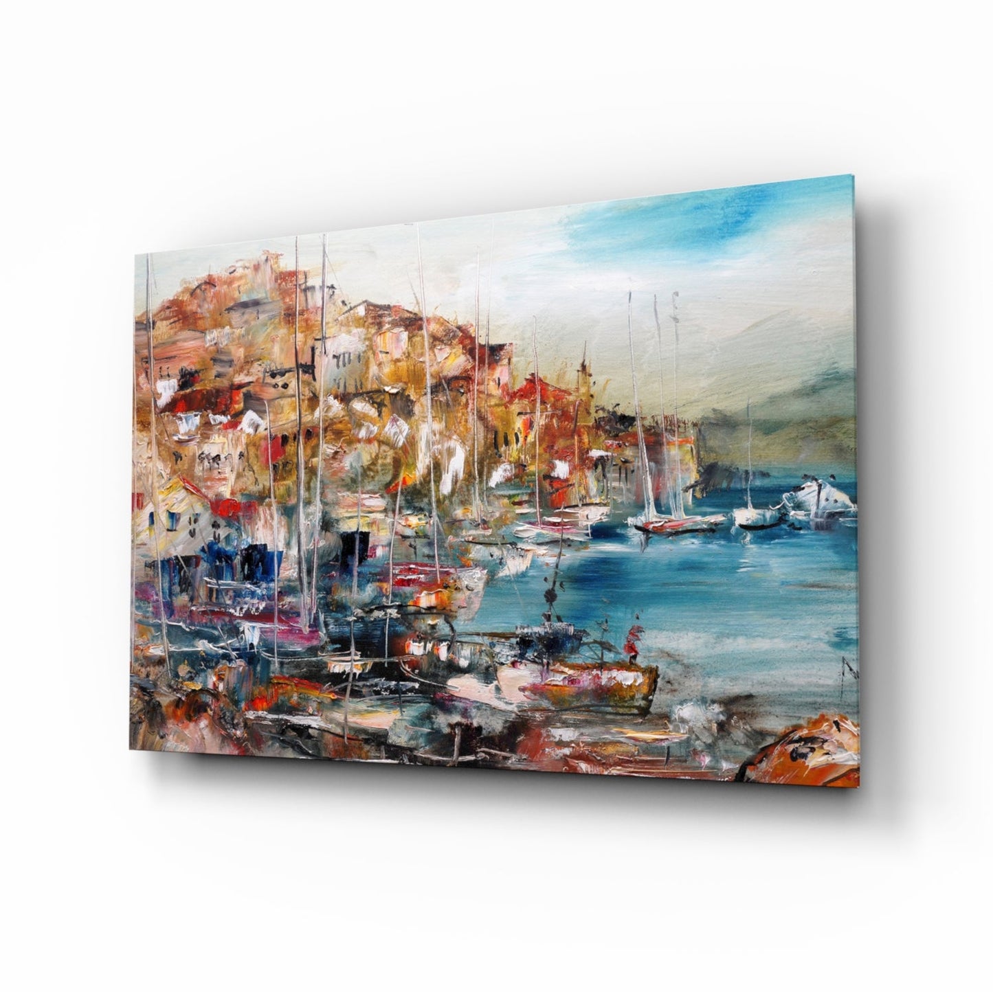 Colorful Harbor Town With Sailboats Glass Wall Art
